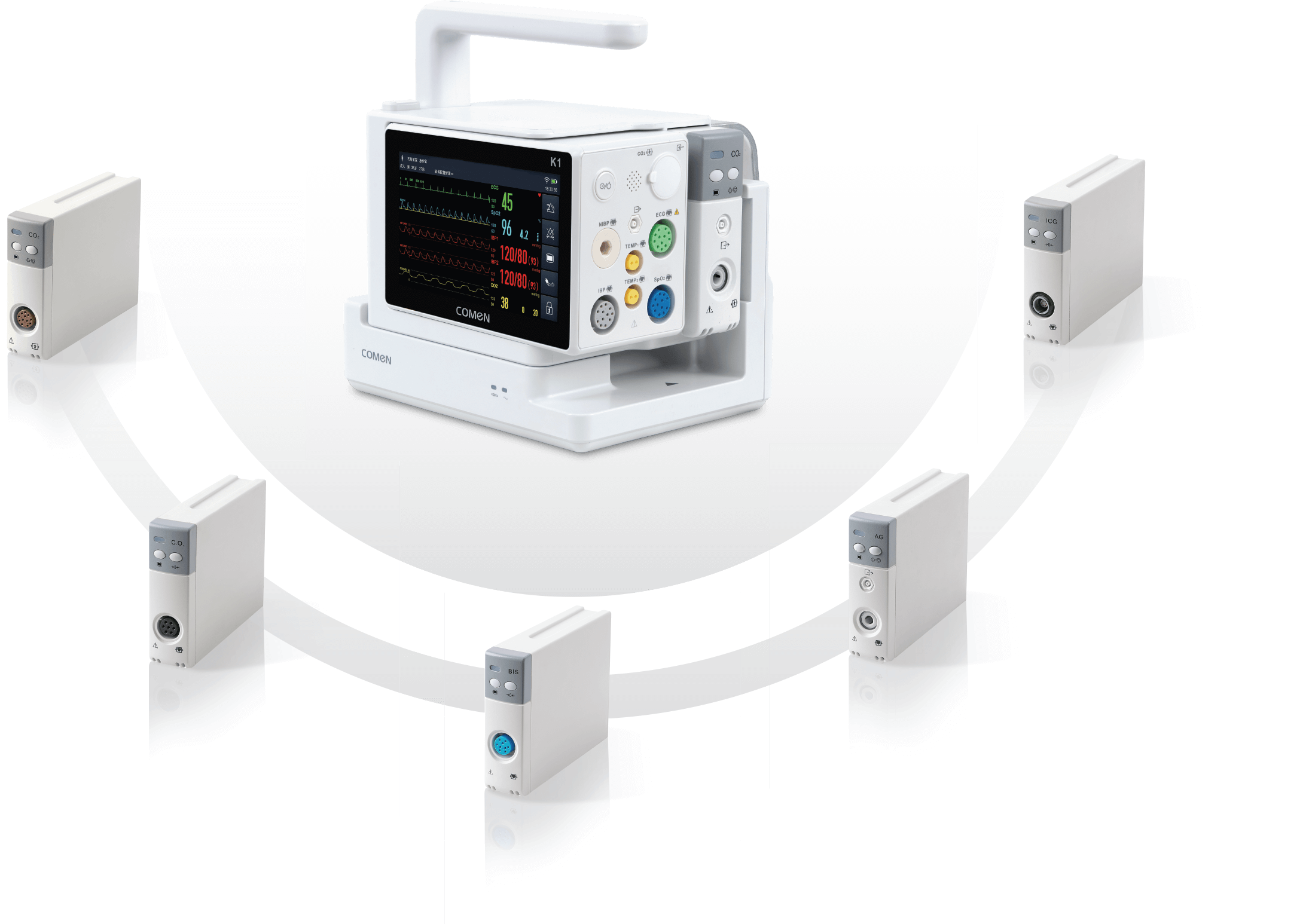 為了滿足一站式的臨床需求,K1提供床旁及所有轉(zhuǎn)運期間更靈活、全面、精準的參數(shù)監(jiān)測